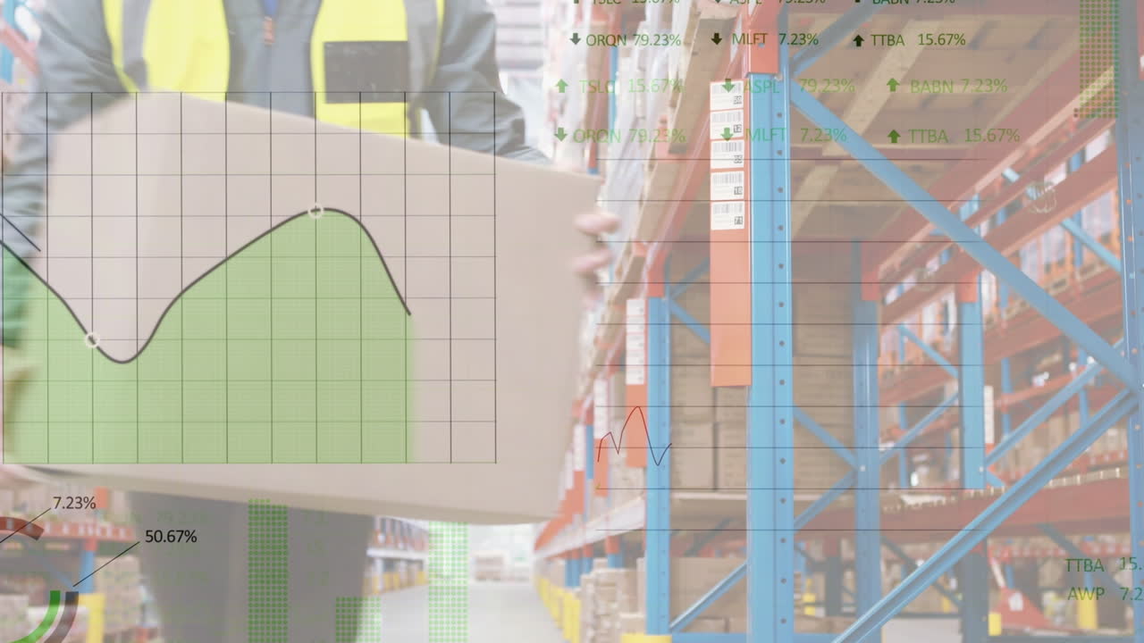 창고에서 상자를 들고 있는 백인 남성 노동자에 대한 통계 데이터 처리 애니메이션