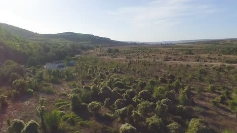 aerial view of rural landscape with hills and fields