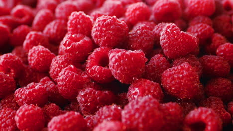 pile of fresh mellow raspberry slowly spinning close up. scattering of natural bright berries lying in abundance and moving in a circle