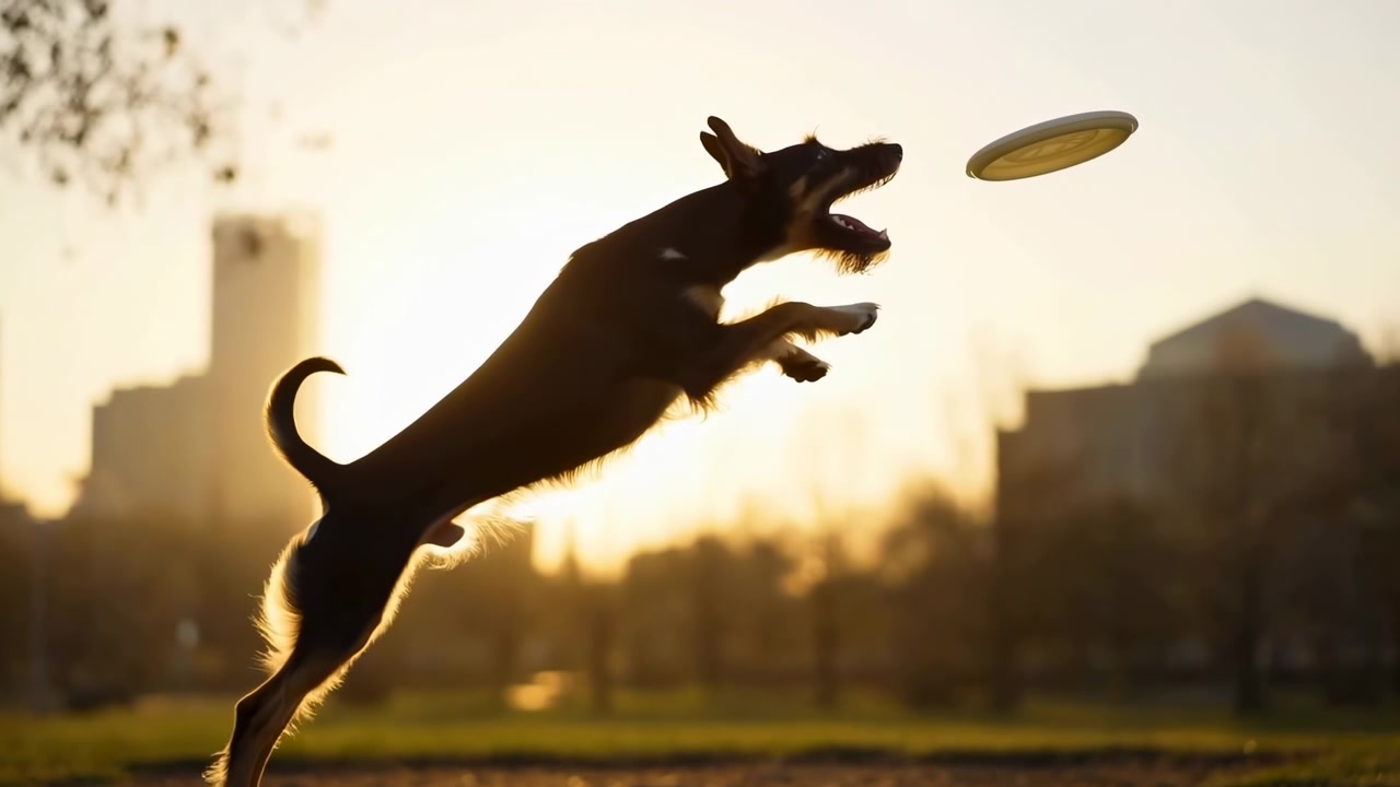 Silhouetted dog caught mid-air while reaching for flying disc in urban park at golden hour, front paws extended, mouth open, hind legs trailing, tail raised, with warm backlight, open field, and