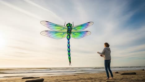 a majestic and colorful dragonfly soars above a beach, captured in stunning light as a woman engages with its enchanting presence near the shoreline