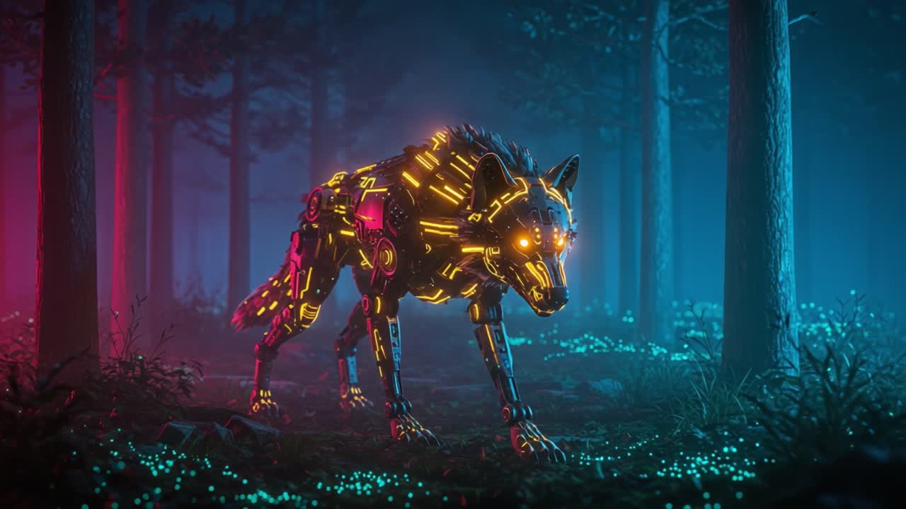 Un lupo cibernetico futuristico vaga in una foresta illuminata al neon, mettendo in mostra i suoi circuiti luminosi e il suo intricato design in un'atmosfera mistica