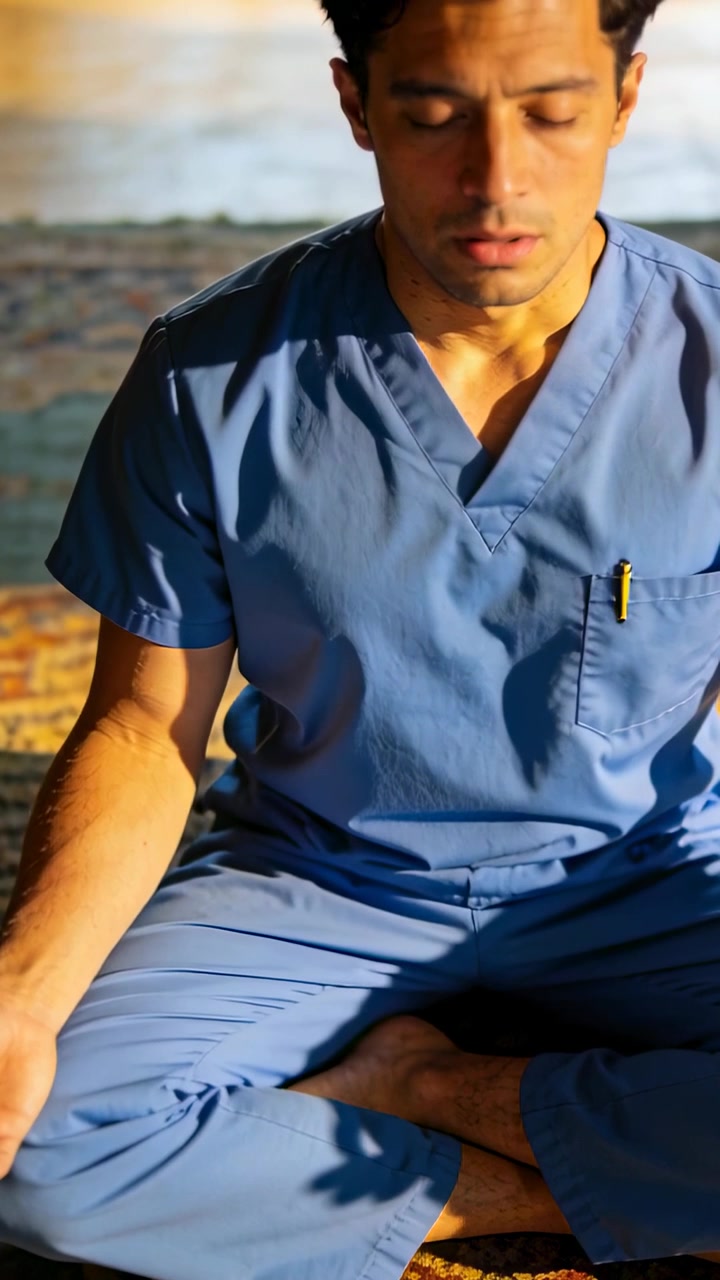 Video verticale: Uomo che respira in divisa medica blu immerso in luce calda, che medita su un tappeto, con penna nel taschino