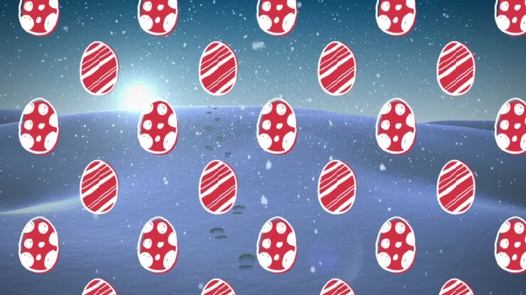 Animation of eggs over snow falling and winter landscape