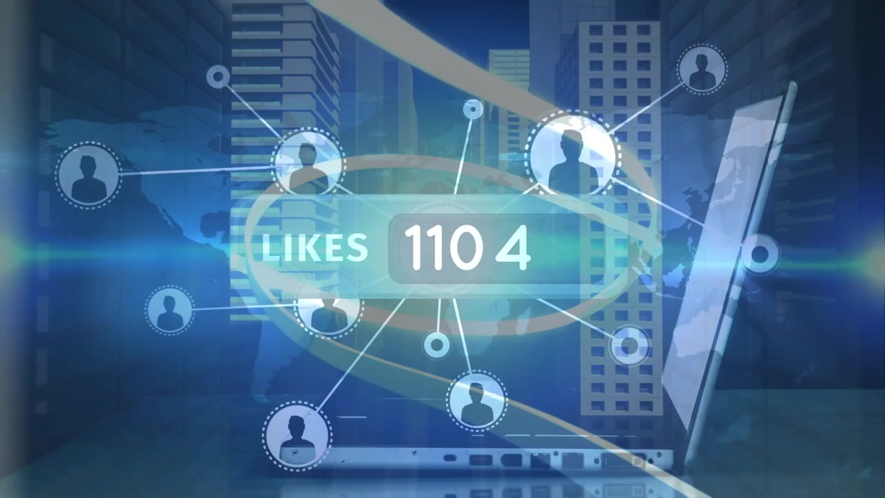 Animation of network of connections with social media reactions and laptop over office buildings