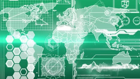 Animación-Del-Mapa-Mundial-Sobre-Procesamiento-De-Datos-Sobre-Fondo-Verde