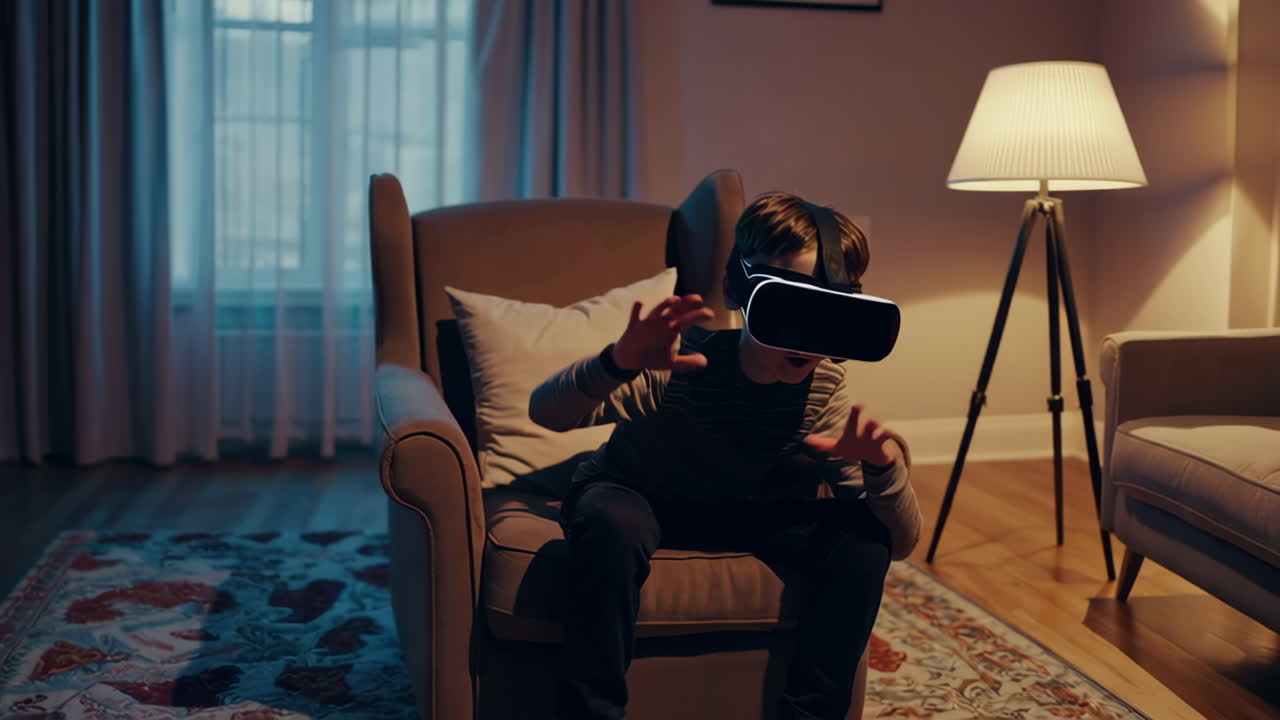 Person Immersed in Virtual Reality in a Dimly Lit Living Room