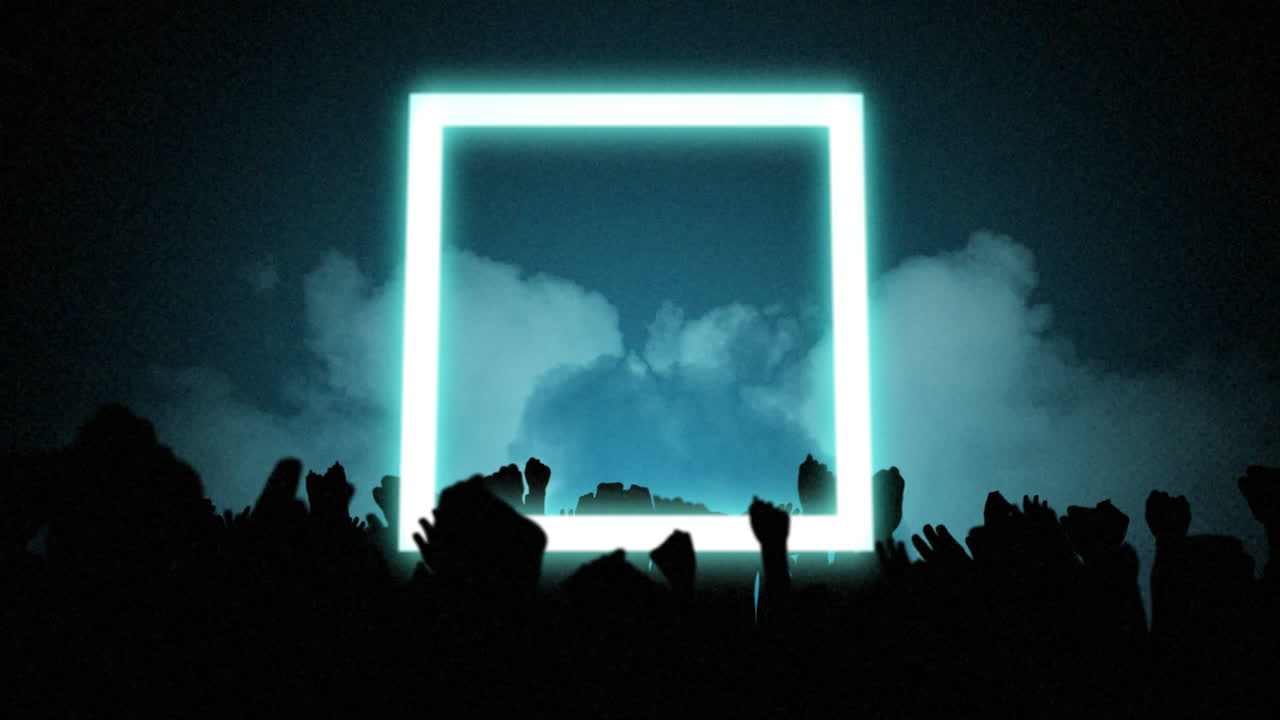 팔을 들고 실루 ⁇ 에서 춤추는 사람들과 함께 네온 파란 사각형의 애니메이션