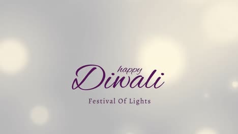 animation of happy diwali text over light spots on blurred background