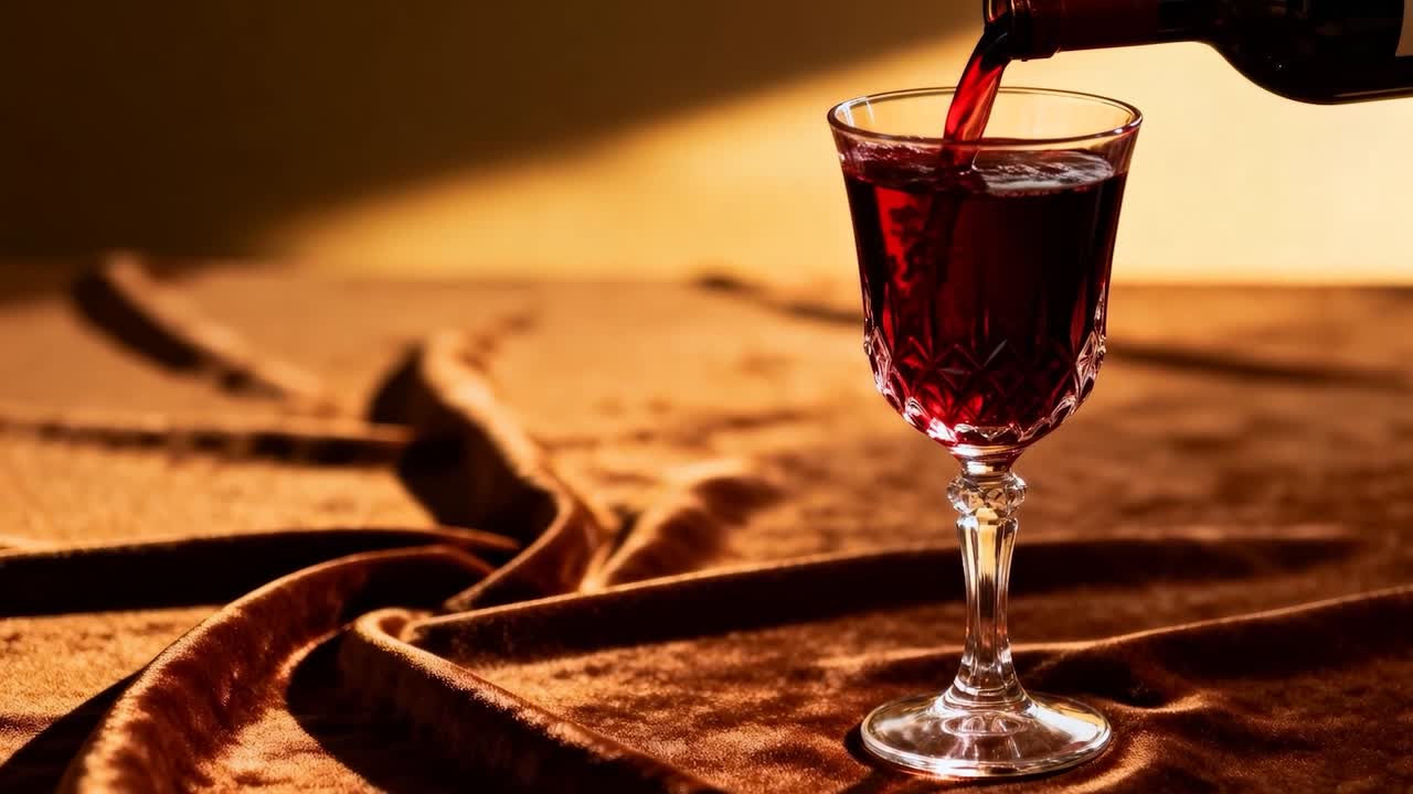 Una bottiglia viene aperta e inizia a versare vino rosso in un calice di cristallo su velluto marrone, spazio per la copia