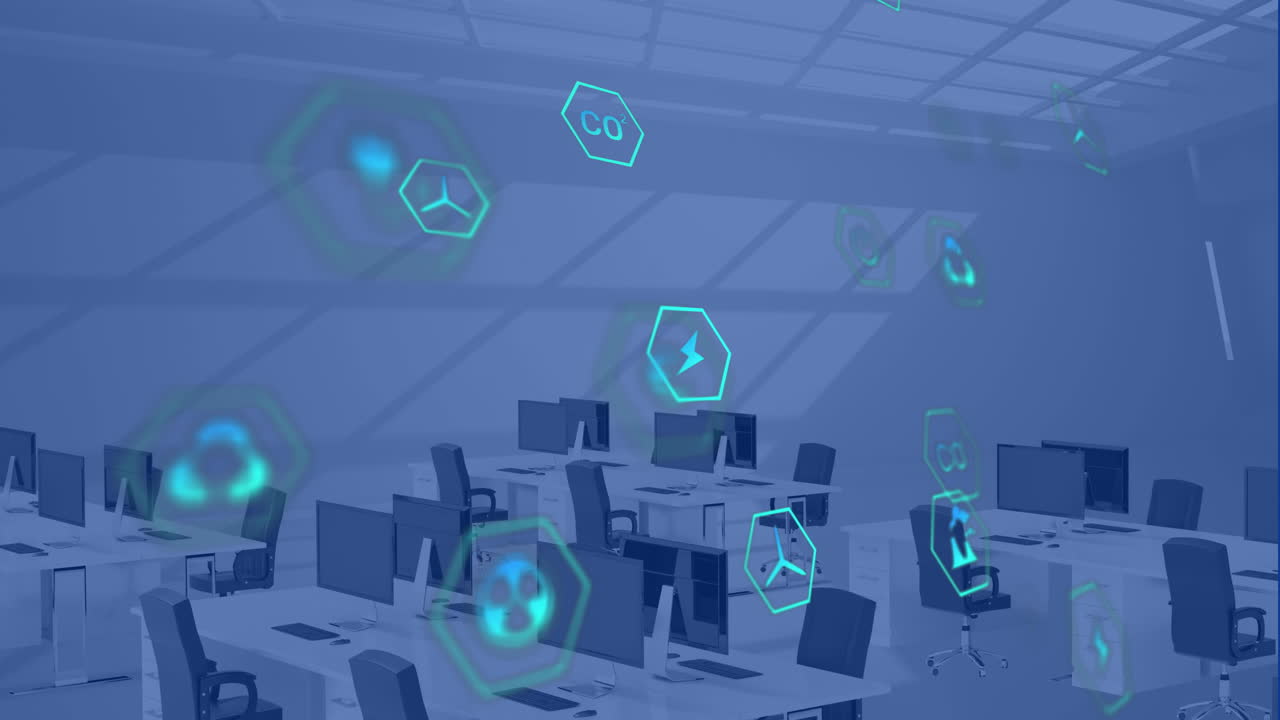 사무실에서 현대적인 직장 위에 떠다니는 지속 가능한 아이콘의 애니메이션