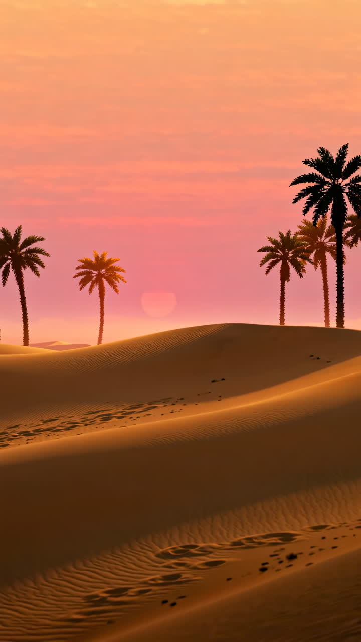 Desert landscape with palm trees at sunset