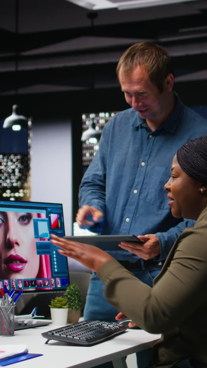 Vertical Video Multiethnic retouching team using neural networks for editing content