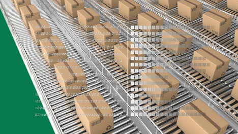 animation of binary codes, squares and carboard boxes moving on conveyor belts over green background