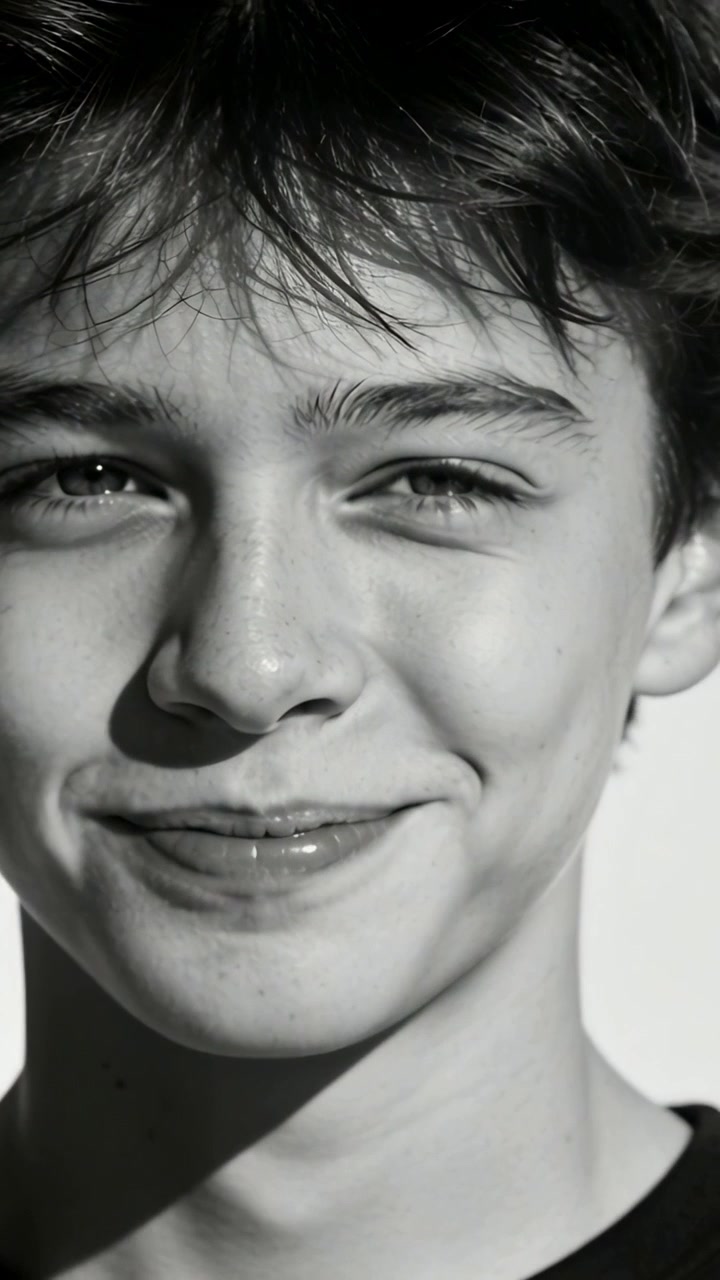 Vídeo vertical: Adolescente sorrindo, mudando para sorrir para a câmera, começando em um retrato de estúdio, camisa escura