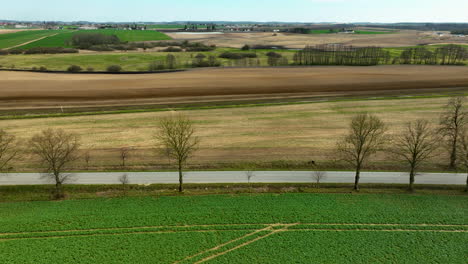 Aerial---Expansive-farmland-under-a-clear-sky-with-patches-of-green-crops,-bordered-by-a-road-and-leafless-trees,-showcasing-the-patchwork-beauty-of-agricultural-land