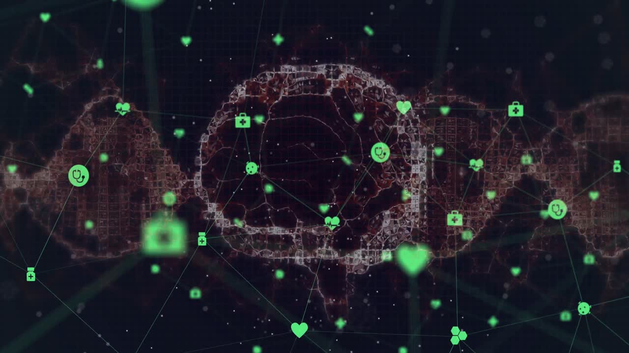 animación digital de una red de iconos médicos contra el cerebro humano girando contra un fondo negro