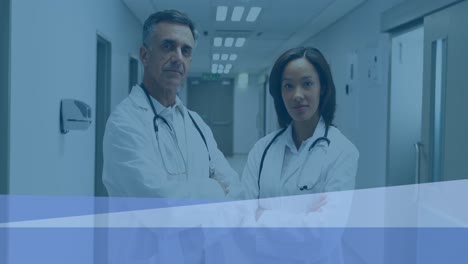 animación de líneas sobre diversos médicos femeninos y masculinos posando ante la cámara