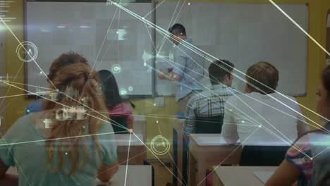 Animation-of-network-of-connections-over-male-teacher-and-students