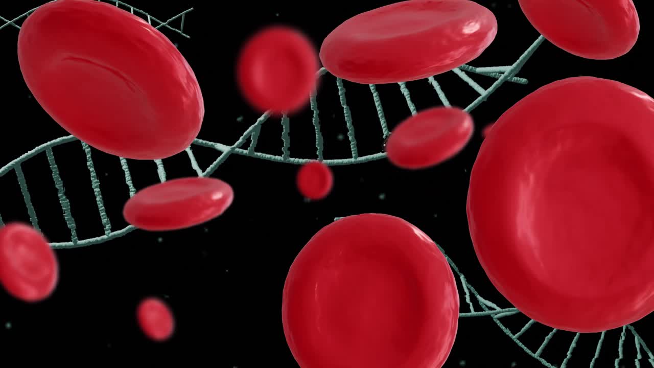 animación de células del cuerpo humano y cadena de adn sobre fondo negro