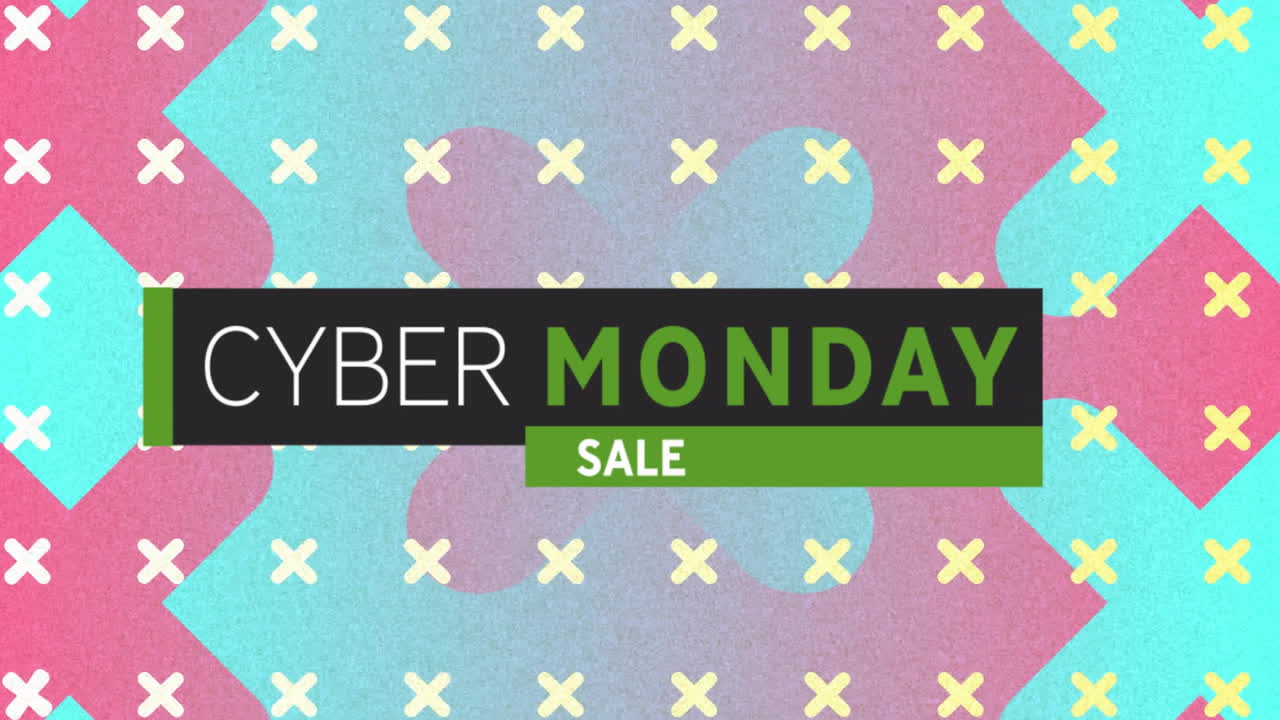 Animation of cyber monday sale text over vibrant pattern background
