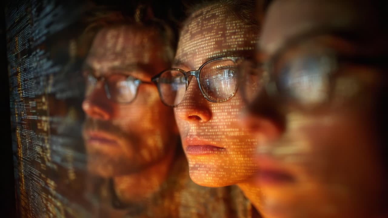 Focused Individuals Analyzing Code and Data Reflections on a Screen, Showcasing Deep Engagement and Concentration in a Digital Environment