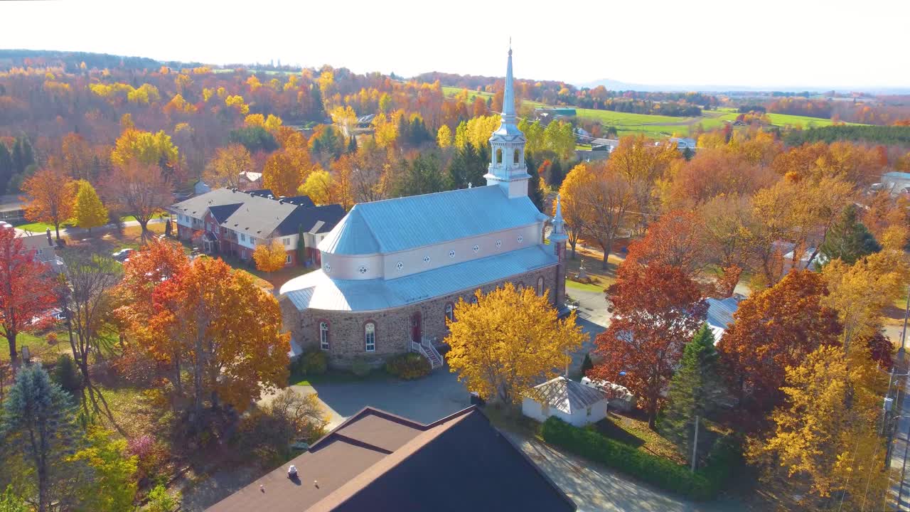 Aerial View Of Ancient Church Architecture During Autumn In Estrie Region, Quebec, Canada.