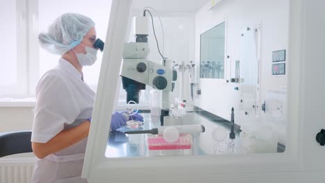 scientist working in a laboratory with microscope and equipment.