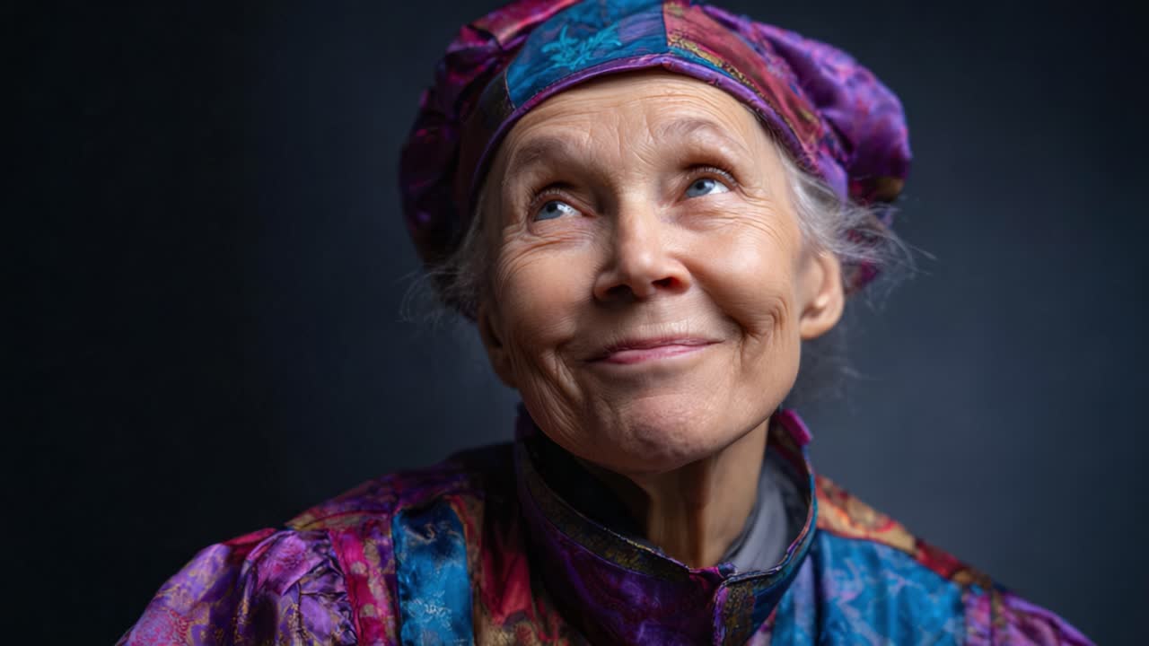 Donna anziana allegra in abiti colorati che sorride alla fotocamera con un'espressione giocosa, catturando l'essenza di saggezza, felicità e vivacità in un ritratto.