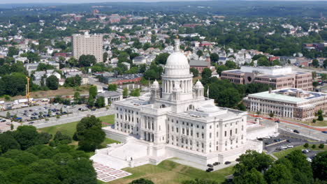 aerial drone shot panning around rhode island state house in providence ri