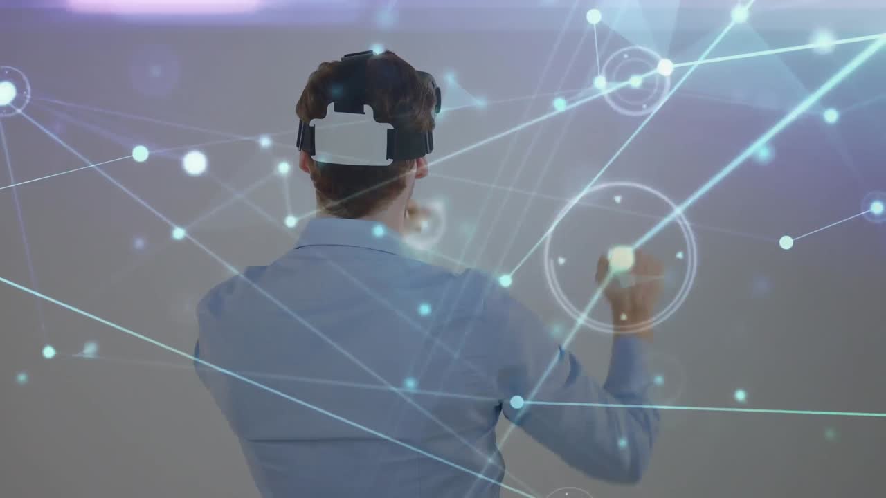 animación de la red de conexiones sobre el hombre que usa auriculares vr