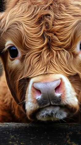 a baby cow is looking at the camera through a wooden fence. the fence is made of wood and has a few flowers growing on it