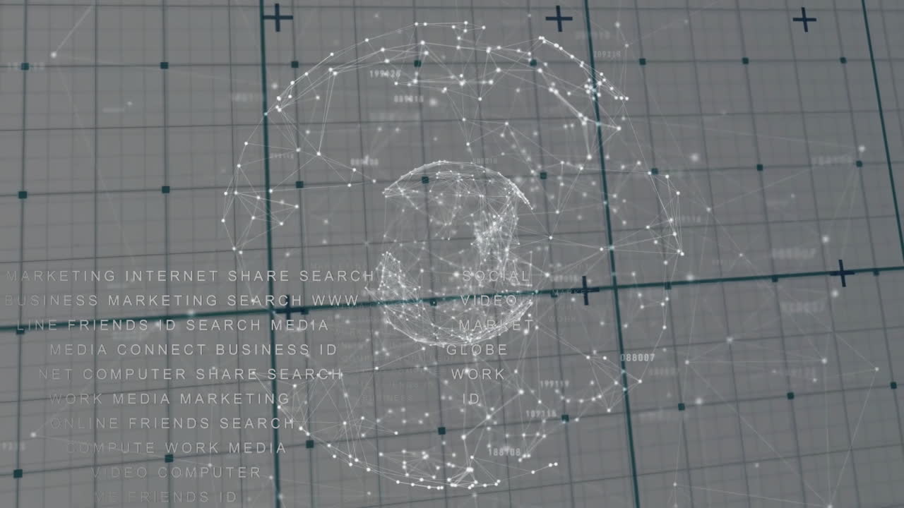 Network of connections and data processing animation over grid background with text