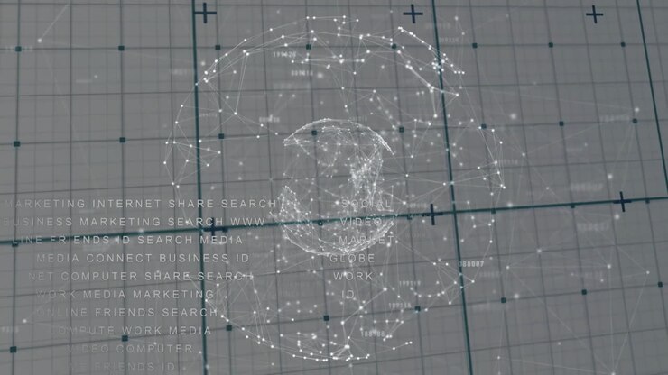 Network of connections and data processing animation over grid background with text