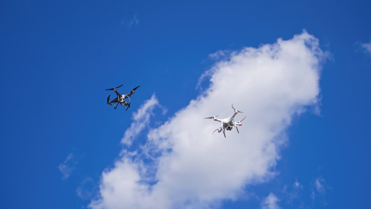 Professional camera drones flying. Drones copter flying with digital camera