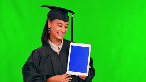 Tablet,-woman-graduate-and-green-screen-with-face