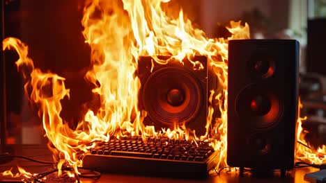 a computer keyboard and speakers on fire on a desk