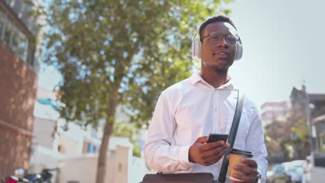 music headphones, coffee and black man with phone