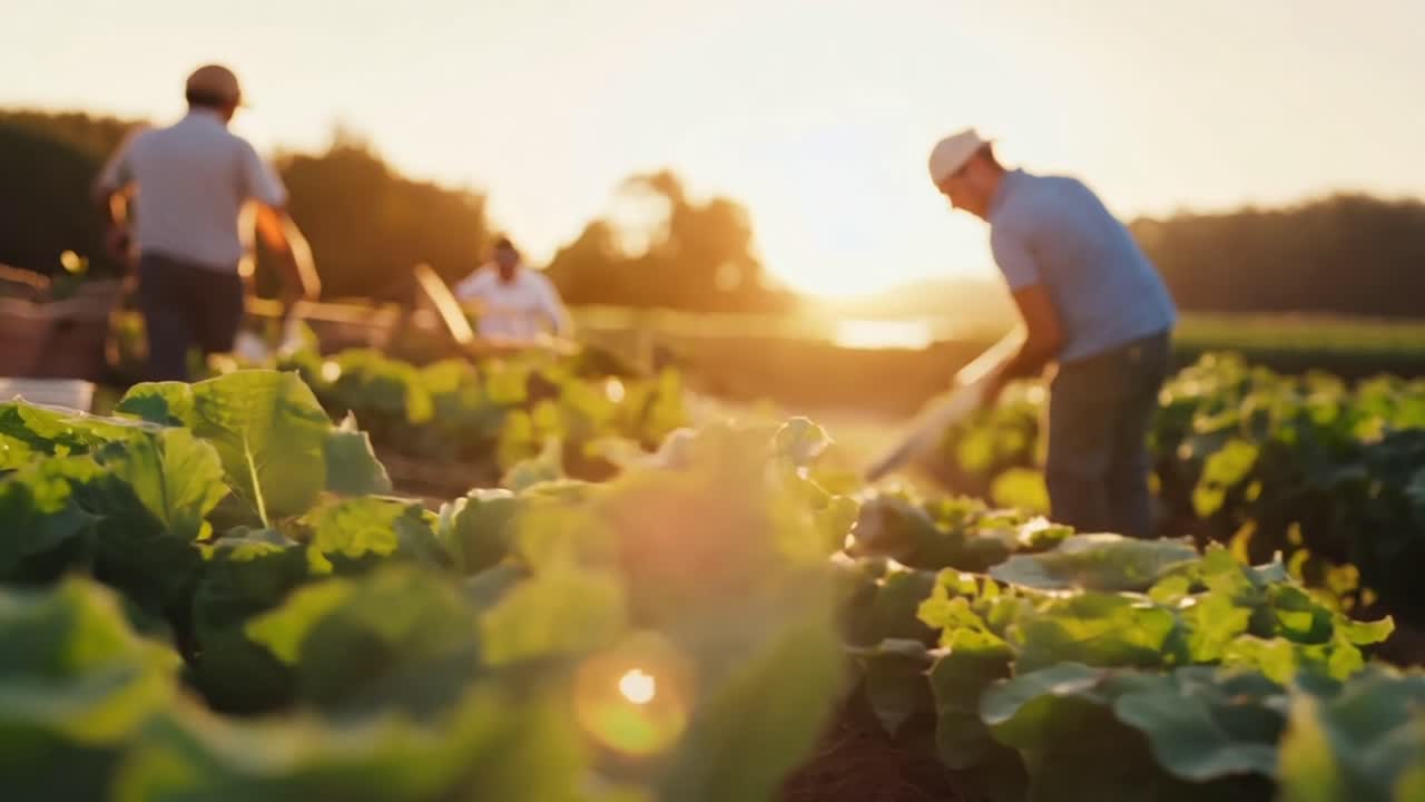 해가 지는 동안 에서 일하는 농부 들