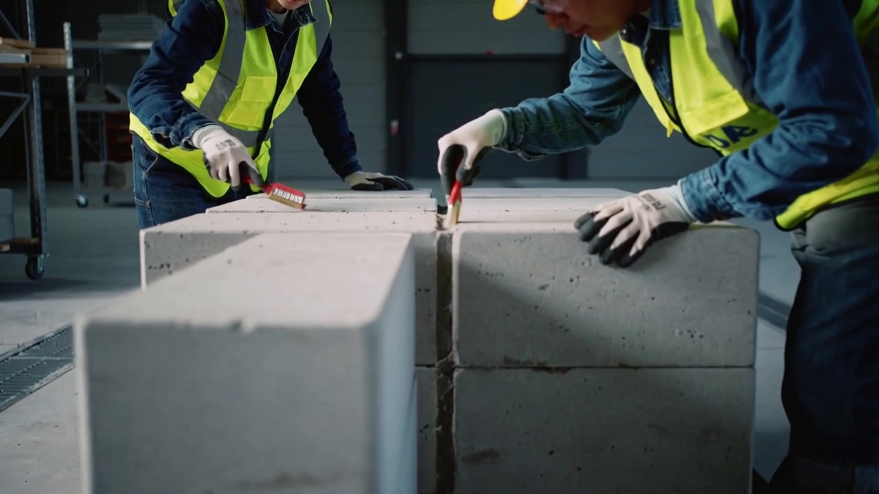 Leaning, two workers scraping brushing seam on stacked blocks in shop wearing hard hats and vests
