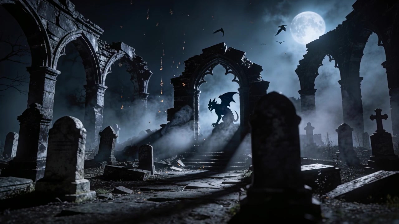 Wind stirring fog, sweeping diagonal shadow across ruined graveyard, bats circling moonlit gargoyle