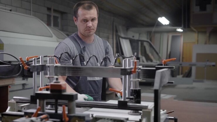 Factory worker man in overall standing near machine in plant room