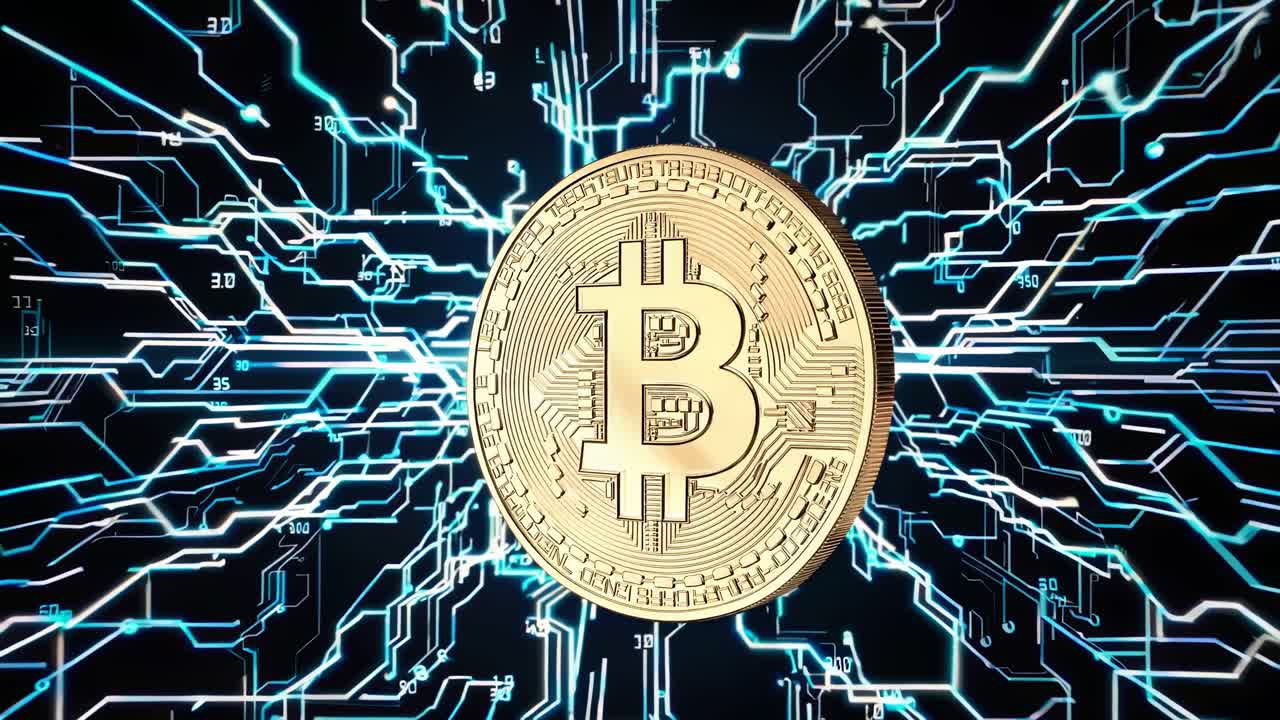 A digital video concept featuring a close-up of a Bitcoin surrounded by glowing circuit lines