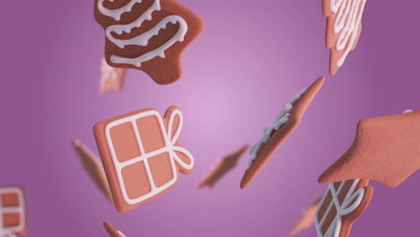 animation of gingerbread falling at christmas over purple background