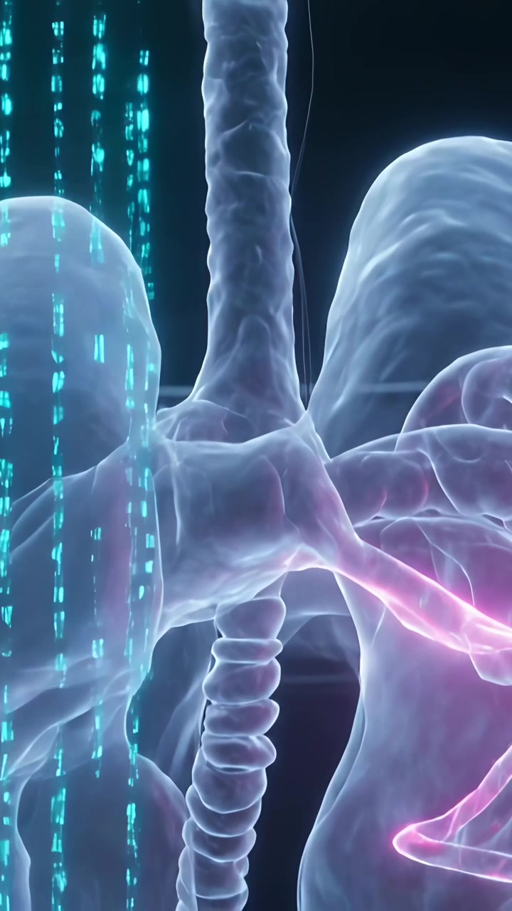 Vertical video: Showing thorax pulsing airway on pan in med animation to reveal flow with cyan data
