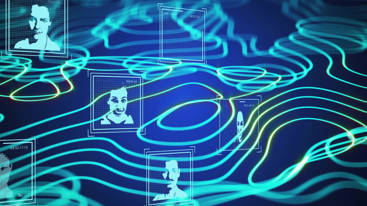 어두운 배경에 파란색 반이는 선 위에 ai 데이터 처리 및 사진의 애니메이션