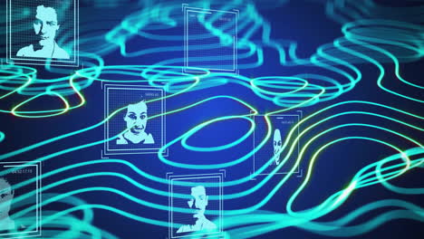 animación de procesamiento de datos ai y fotos sobre líneas brillantes azules en fondo oscuro
