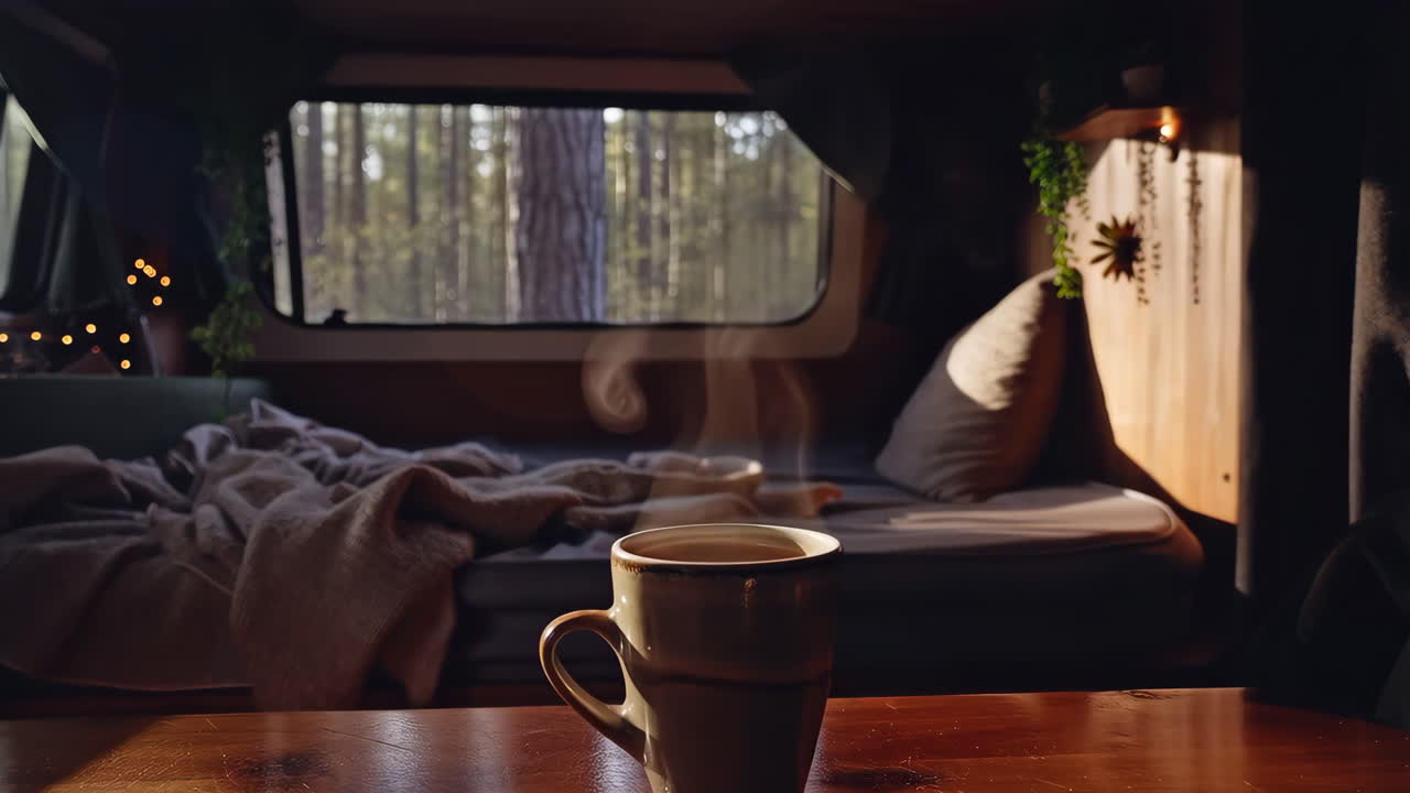 Cozy morning coffee in a camper van with a forest view