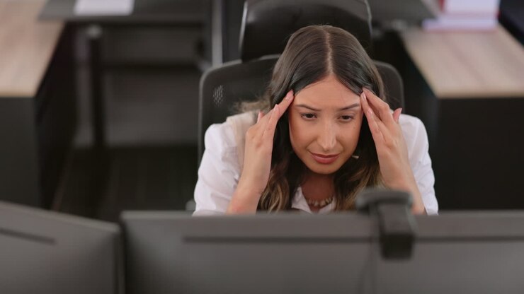 Geschäftsfrau, Kopfschmerzen oder Stress am Schreibtisch