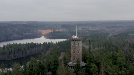 Close-aerial-view-of-Aulanko-tower-in-the-city-of-Hämeenlinna